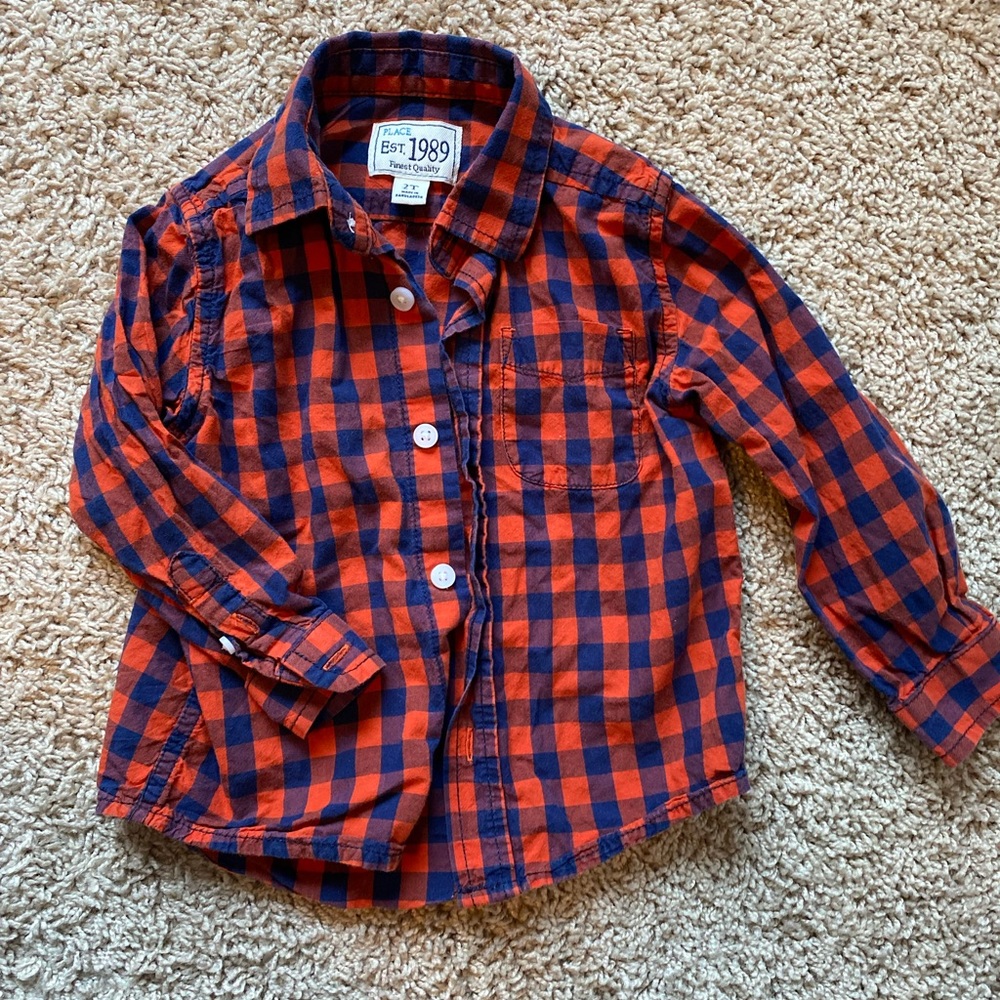 Children’s Place Toddler Button Up Flannel. Size 2T. Orange and Navy